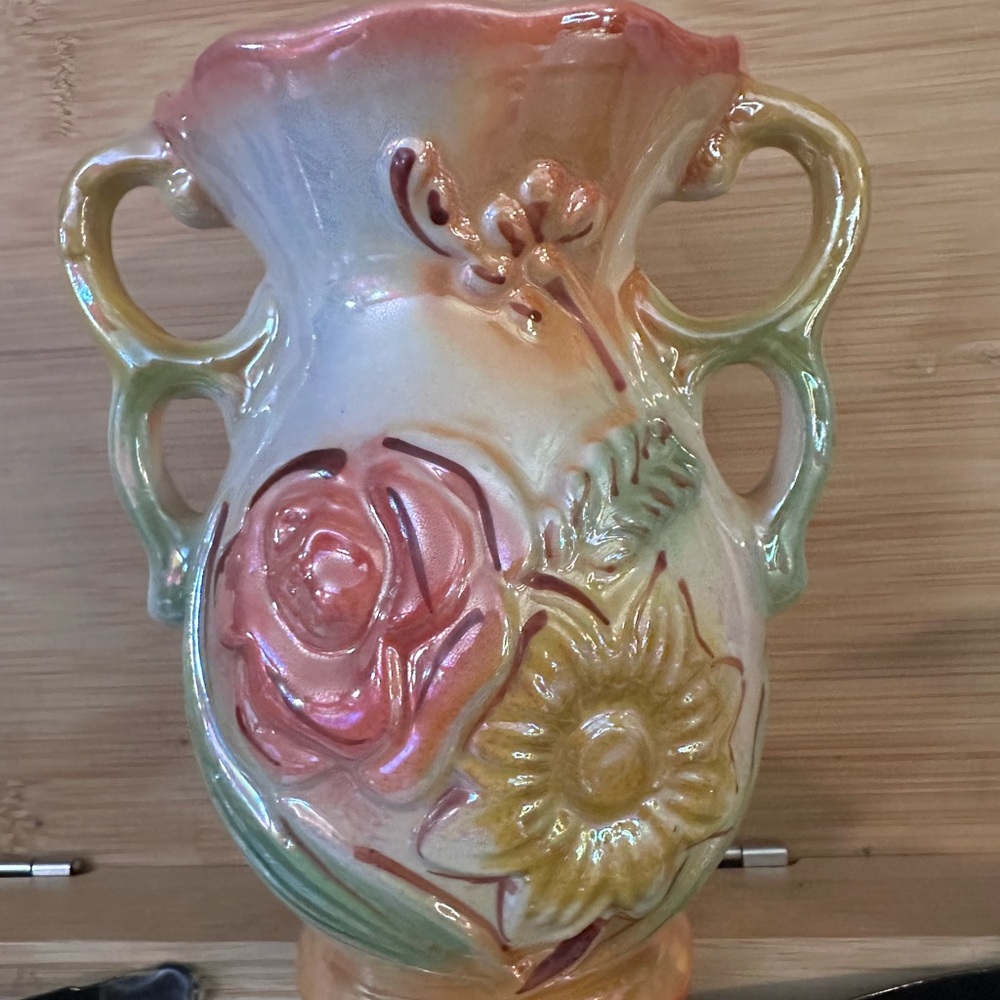 Lusterware Brazilian Vase Porcelain Double Handle Vintage Vase Raised Floral 421